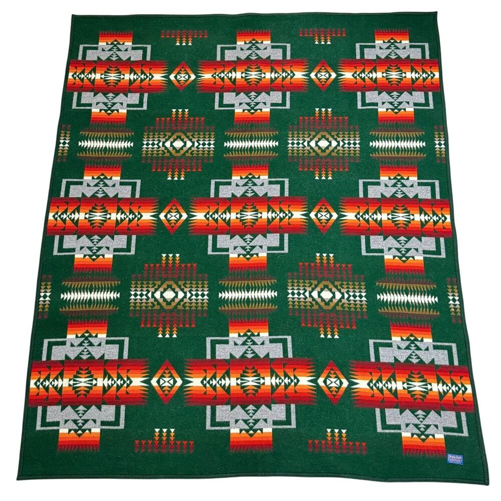 Pendleton Beaver State Vintage Wool Blanket Green Western Geometric 78x65 USA